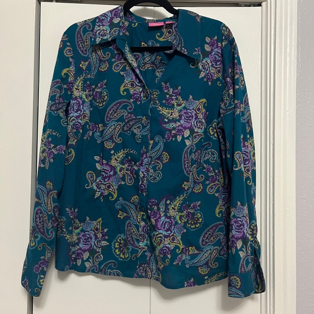 Cappagallo Floral Paisley Button‎ Down Long Sleeve Top Blouse Women's